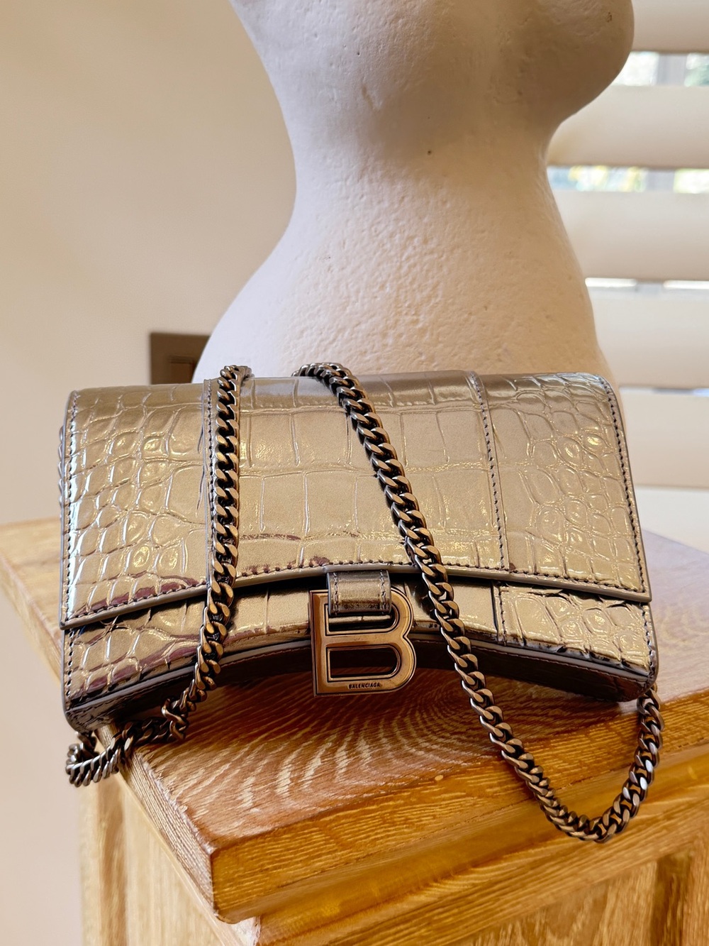 Balenciaga Silver Croc-Embossed Chain Crossbody Bag